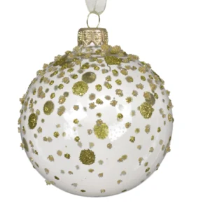 Μπάλα στολίδι γυάλινη με διαφανείς χρυσές βούλες & γκλίτερ