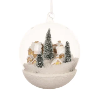 Χειροποίητο διαφανές γυάλινο στολίδι, χιονισμένο χωριό